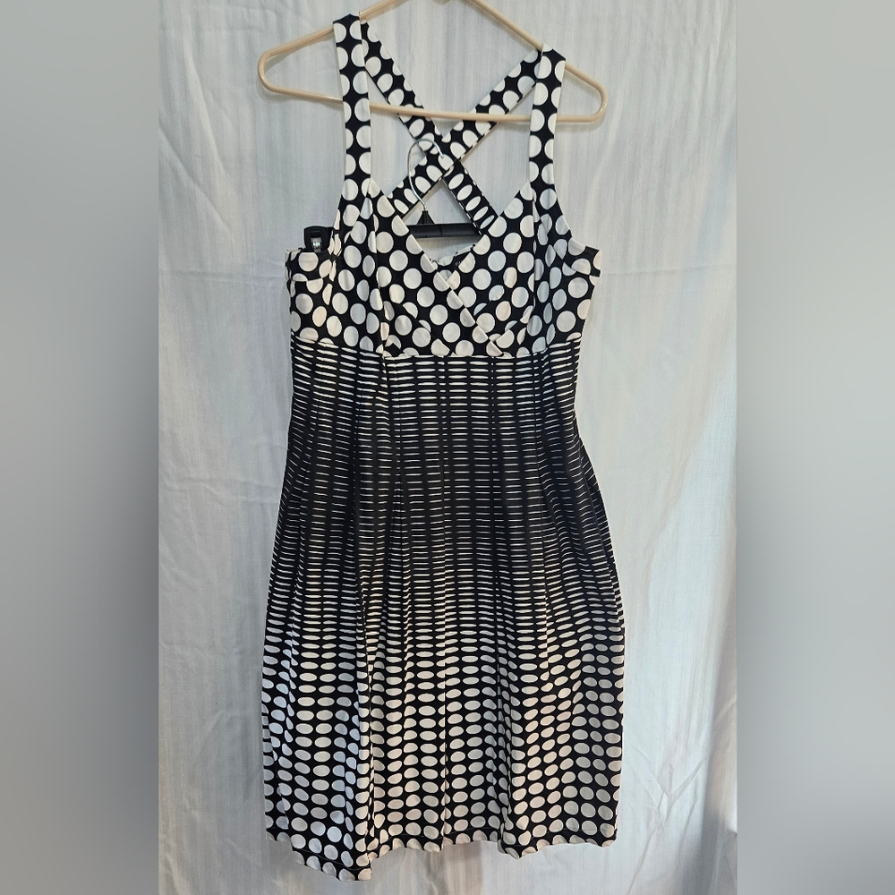Dana Buchman Sundress - Black White Dot Pleated Flare Dress Cross Back - Size 14
